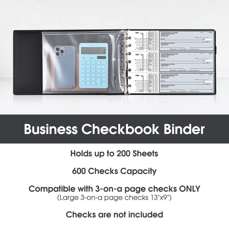 Pacific Mailer 7 Ring Executive Business Check Binder 600 Checks Capcity for 9" x 13" Sheets, PU Leather Checkbook Holder with Zip Pouch - Image 3